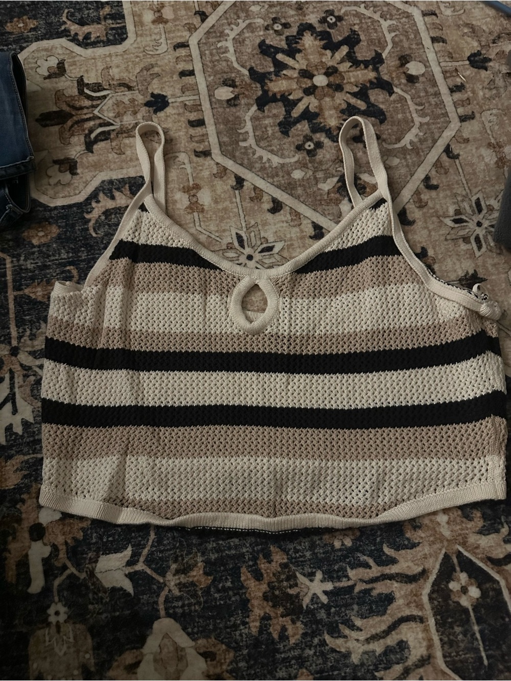 American Eagle Outfitters Beige and Black Striped Knit Cami Tank